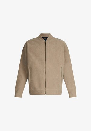 Beige corduroy bomberjack met een opstaande kraag, rits aan de voorkant en zijzakken. Kenmerkt zich door de gestructureerde stof en geribde manchetten.