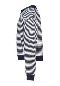 Knitted sweater featuring a navy and white striped pattern, round neck, and ribbed cuffs and hem. Soft texture with a relaxed fit.