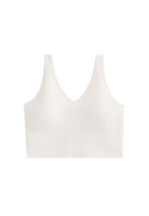 Bílý bezdrátový bralet s výstřihem do V a strukturovaným vzorem. Design obsahuje široké ramínka a bezešvou konstrukci.