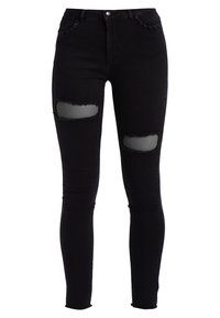 Jeans skinny de mezclilla negra con cortes desgastados en las rodillas que muestran tela de malla por debajo, diseño clásico de cinco bolsillos y ajuste a media altura.