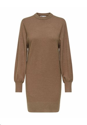 Vestido de punto marrón con cuello alto, mangas largas abullonadas y puños ajustados, que presenta una textura suave y un diseño simple.