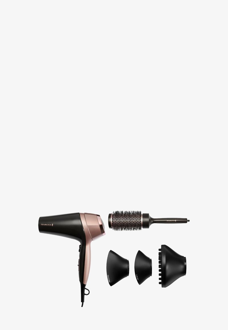 Hårfön i svart med roséguldaccenter, inkluderar tre tillbehör: en rundborste och två diffusorer i matt svart med texturerade grepper.