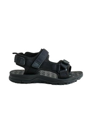 Black adjustable strap sandal with cushioned sole and textured footbed, designed for outdoor or casual wear.