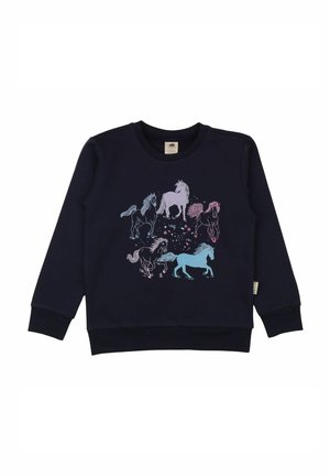 Marineblauer Pullover mit Grafik verschiedener Pferde in Pastellfarben, mit gerippten Bündchen und rundem Ausschnitt, aus weichem Stoff gefertigt.