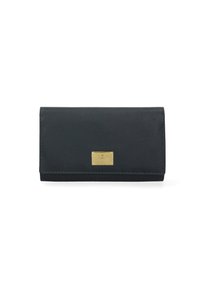Black leather wallet with a gold metallic logo plaque, rectangular shape, minimalistic design, and stitched edges.
