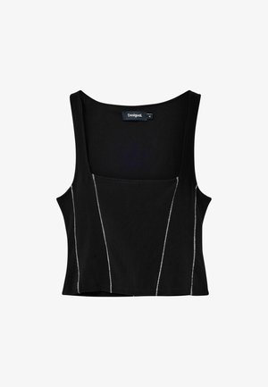 Mustat ilmanhihoja yläosa, jossa on neliömäinen pääntie, ominaisena kontrastiväriset valkoiset ompeleet saumoissa visuaalista yksityiskohtaa varten. Pehmeä kankaan rakenne.