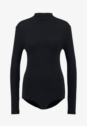 Black long-sleeve bodysuit made of stretchy fabric, featuring a high collar, slim fit, and no visible hardware or patterns.