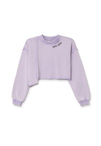 Sudadera corta de color lila con mangas largas, que presenta un dobladillo sin rematar y bordado "SKATE LOVER". Textura suave, cuello y puños acanalados.