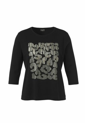 Chemise noire à manches trois-quarts avec un motif géométrique abstrait en argent métallique sur le devant et un col rond.