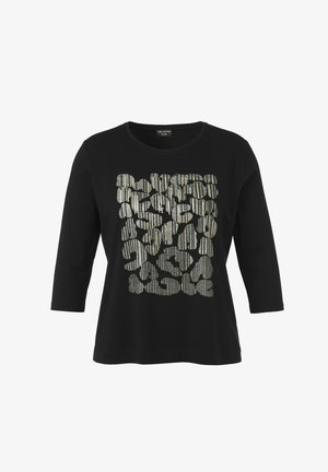 Black three-quarter sleeve shirt with metallic silver abstract geometric pattern on the front and round neckline.