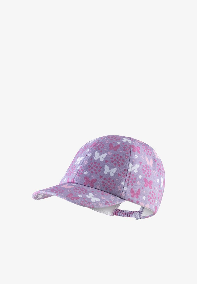 Cappello viola con un motivo floreale e farfalle in rosa e bianco. Il tessuto è morbido, con visiera curva e cinturino regolabile sul retro.