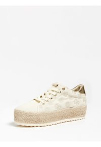 Sneaker z płótna w odcieniu kremowym z plecioną podeszwą z juty, z wyciśniętymi wzorami kwiatowymi, okrągłym noskiem i metalicznym akcentem na pięcie.