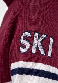Maglione in maglia color bordeaux con la parola "SKI" ricamata in bianco con dettagli blu navy. Presenta strisce orizzontali bianche e blu navy sul fondo.