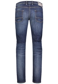 Skinny-fit denim jeans in dark blue with a smooth texture, five pockets, and contrasting stitching detail along the seams.