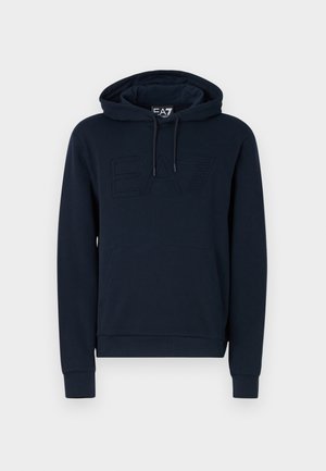 Navy blue hooded sweatshirt with a front pocket, featuring an embossed EA7 logo. Made from a smooth fabric with ribbed cuffs and hem.