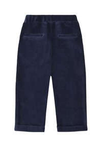 Dunkelblaue Cordhosen mit weicher Textur, entspannter Passform, elastischem Bund und zwei Gesäßtaschen. Mit umgeschlagenen Säumen.