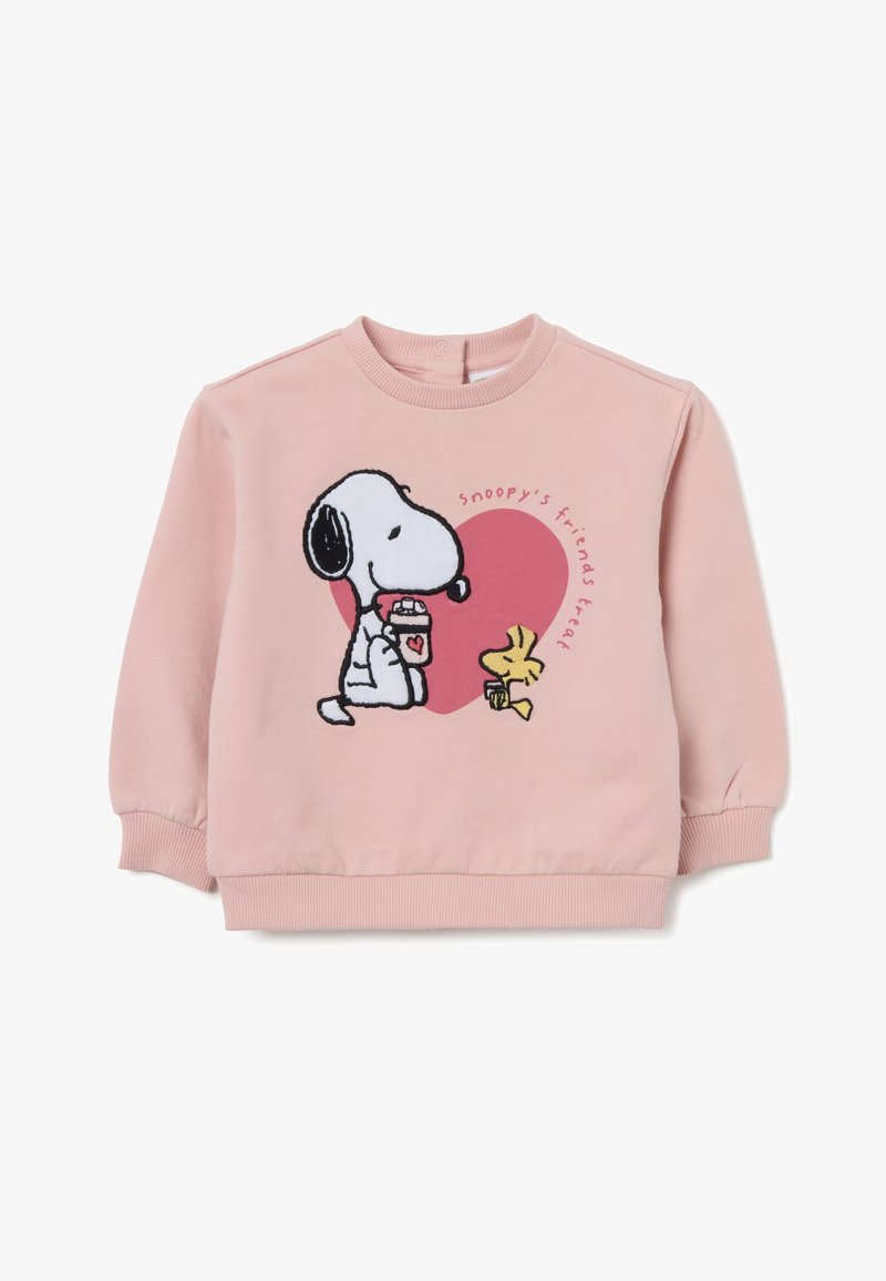 Sudadera rosa con un diseño bordado de Snoopy y Woodstock con un corazón y el texto "El trato de los amigos de Snoopy." Puños y dobladillo de canalé.