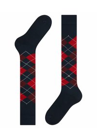 Calzini navy con un motivo argyle rosso, nero e bianco. Tessuto morbido, profilo a coste e una texture liscia in tutta la superficie.