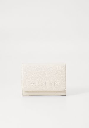 White textured leather wallet featuring a flap closure and embossed "VALENTINO" logo on the front. Compact rectangular design.