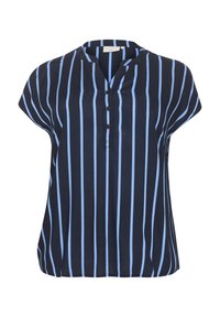 Haut à manches courtes bleu marine avec des rayures verticales bleu clair, doté d'un décolleté en V et d'une patte de boutonnage, fabriqué dans un tissu lisse.