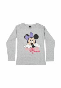 Maglietta grigia a maniche lunghe con una grafica di Minnie Mouse con un fiocco viola, caratterizzata da testo rosa che recita "Minnie Mouse". Tessuto in cotone.