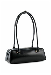 Borsa nera in pelle con forma rettangolare, doppi manici lunghi, chiusura con zip e dettagli in metallo color oro. Texture liscia su tutta la superficie.