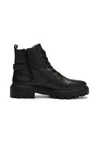 Bottines noires en cuir avec fermeture à lacets, fermeture éclair sur le côté et semelle en caoutchouc épaisse. Présente une texture lisse et des détails matériels minimaux.