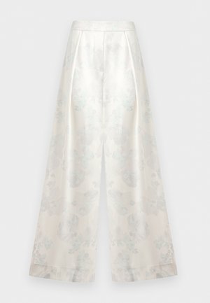 High-waisted wide-leg trousers with subtle floral pattern in light cream color, tailored waistband, and front pleats.