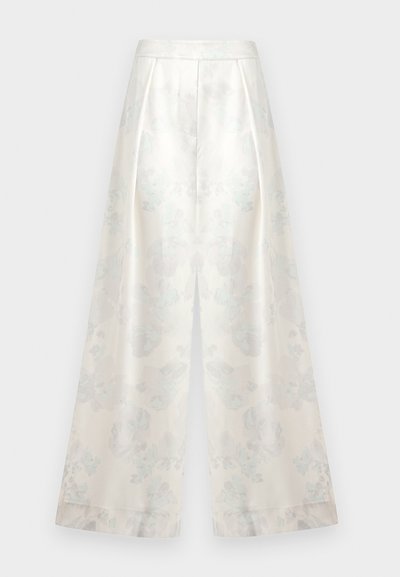 Broek met hoge taille en wijde pijpen met een subtiel bloemenpatroon in licht crèmekleur, getailleerde tailleband en voorplooien.