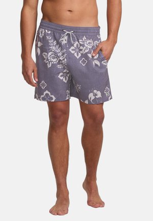 Men's swim shorts in a light purple hue with white floral patterns. Features an elastic waistband, drawstring, and side pockets.
