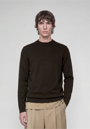 Giovane uomo con capelli castani di media lunghezza che indossa un maglione marrone scuro sopra una camicia beige e pantaloni beige plissettati, in piedi davanti a uno sfondo semplice.