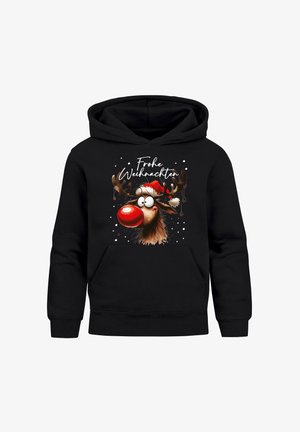 Schwarzer Hoodie mit einem Cartoon-Rentier mit einer roten Nase, das einen Weihnachtsmann-Hut trägt. Text lautet "Frohe Weihnachten." Design mit einer Fronttasche.