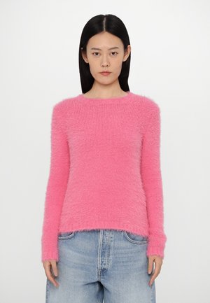 Fuzzy, long-sleeve sweater in bright pink. Features a round neckline and a loose fit, with ribbed detailing at the cuffs and hem.