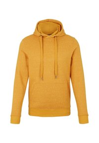 Sudadera amarilla con una superficie texturizada, que cuenta con capucha con cordón, bolsillo frontal y puños y dobladillo acanalados.