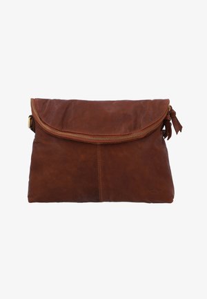 Braune Leder-Clutch mit einem umschlagbaren Deckel, Reißverschluss und Quastenakzenten. Weiche Textur und minimalistisches Design.