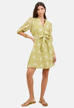 Short-sleeve, green dress with floral embroidery, belt cinching at the waist, and textured fabric. Paired with gold-tone strappy sandals.