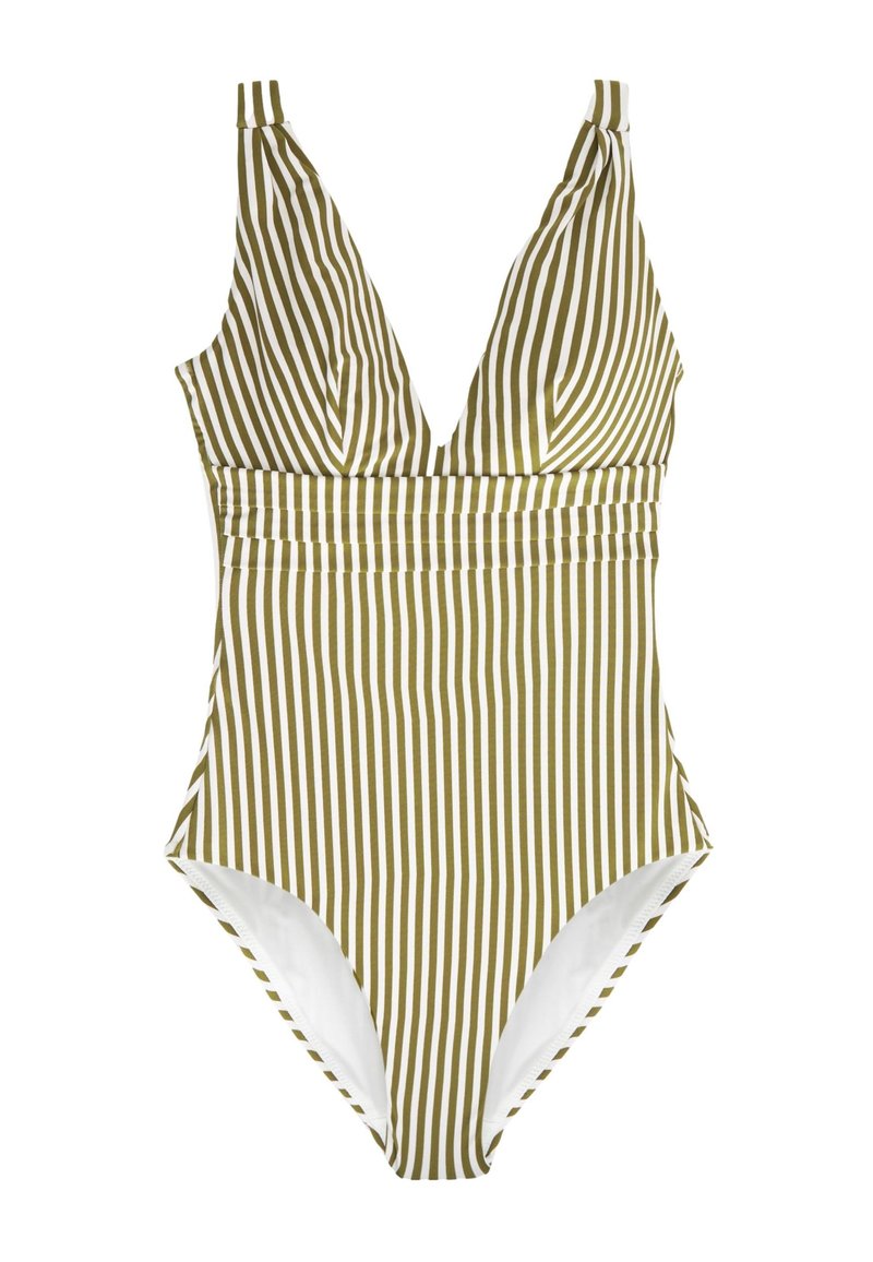 Maillot de bain une pièce avec rayures verticales olive et blanches, décolleté en V profond et détail taille froncée.