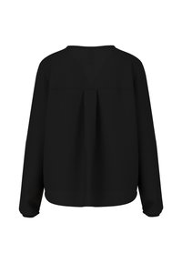 Schwarze Bluse mit langen Ärmeln und V-förmigem Rückenausschnitt, mit Falten in der Mitte und elastischen Bündchen, aus einem glatten Stoff gefertigt.