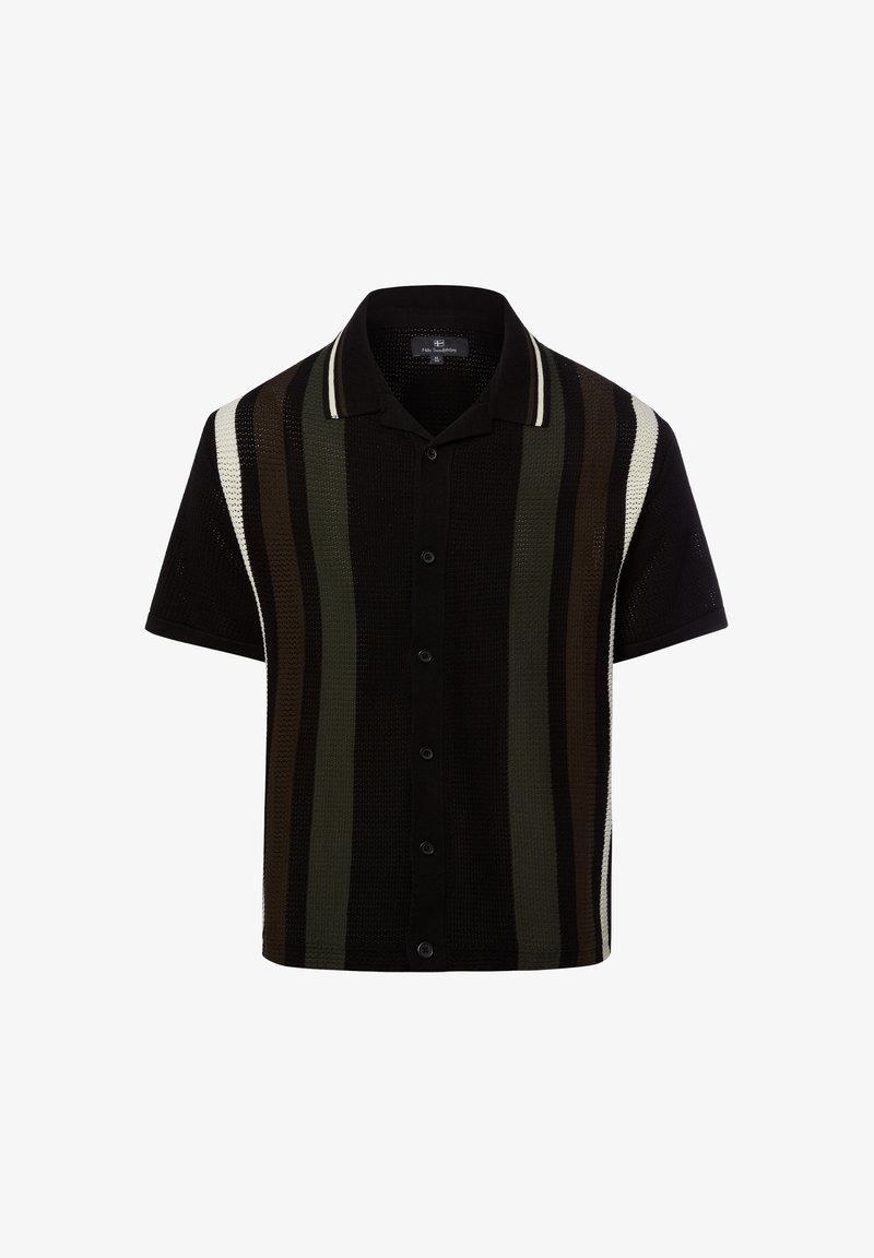 Polo en maille noire à manches courtes avec boutonnière devant et rayures verticales en vert foncé, marron et blanc sur fond blanc.