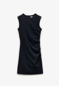 Marineblaues ärmelloses Kleid mit geraffter Textur an der Seite, rundem Ausschnitt und verdecktem Reißverschluss hinten. Weicher, dehnbarer Stoff.