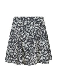 Jupe noire avec motif paisley blanc, design évasé et texture lisse. Elle possède une taille ajustée et une longueur décontractée.