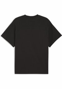 Sort bomulds t-shirt, korte ærmer, afslappet pasform, rund hals, glat tekstur, ensfarvet design, ingen synlige mønstre eller detaljer.