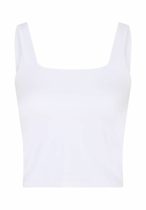Top alb fără mâneci, scurt, cu bretele late și decolteu pătrat, conceput pentru a fi purtat casual.