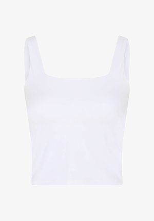 Top alb fără mâneci, scurt, cu bretele late și decolteu pătrat, conceput pentru a fi purtat casual.