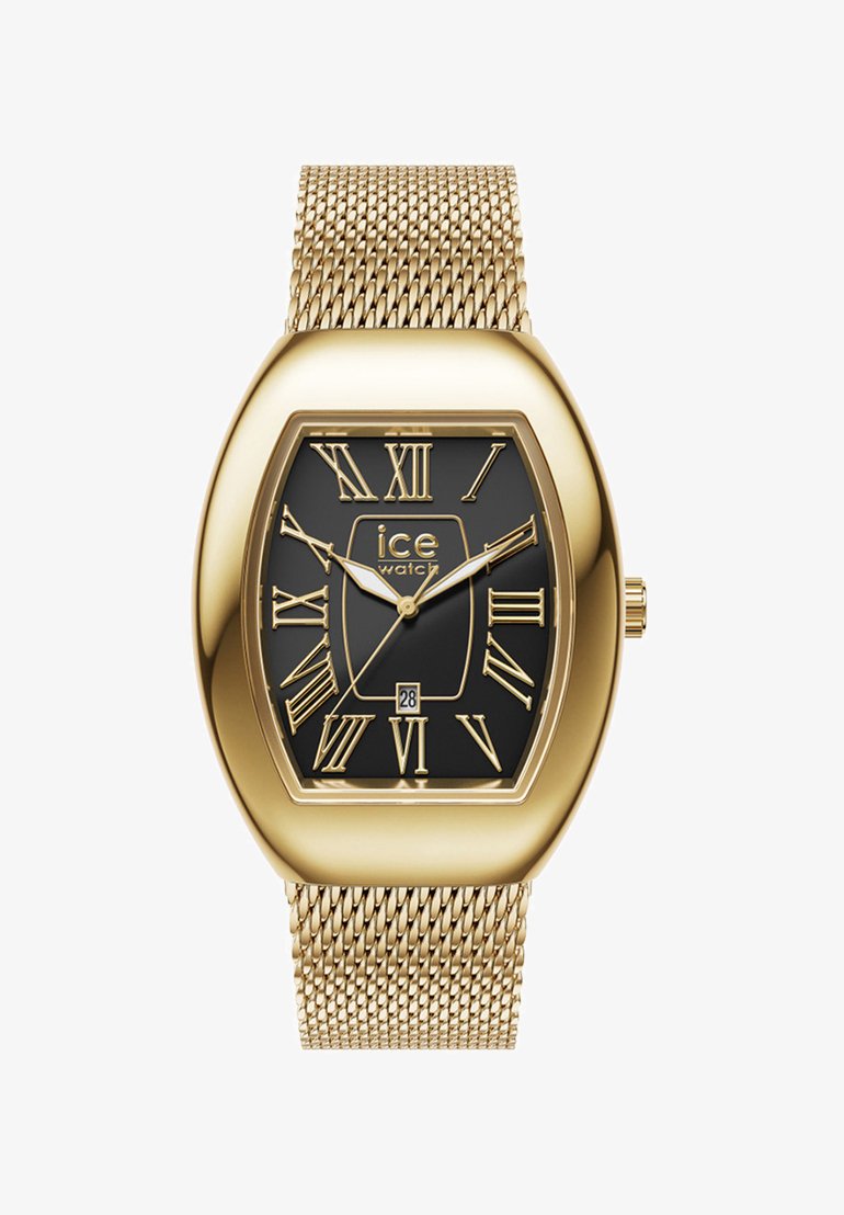 Zelta tonēta sieta pulksteņa ar taisnstūra melnu ciparnīcu, zelta romiešu cipariem un datuma logu apakšā. Gluda, spīdīgi pulēta virsma.