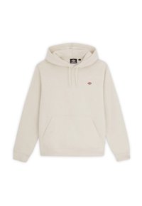 Krémová mikina s kapucí z měkké látky, vybavená klokaní kapsou, nastavitelnou šňůrkou na kapuci a malým vyšívaným logem na hrudi.