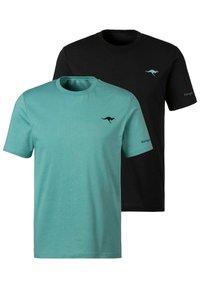 Zwei T-Shirts: eines in Türkis, das andere in Schwarz. Beide haben einen runden Halsauschnitt und kurze Ärmel. Ein Känguru-Logo ist auf der Brust jedes Shirts gedruckt.