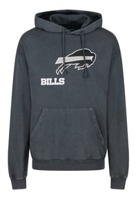 Sudadera con capucha en gris oscuro con un bolsillo canguro. Presenta un logo de búfalo en blanco y el texto "BILLS" en letras blancas en negrita. Material de algodón.