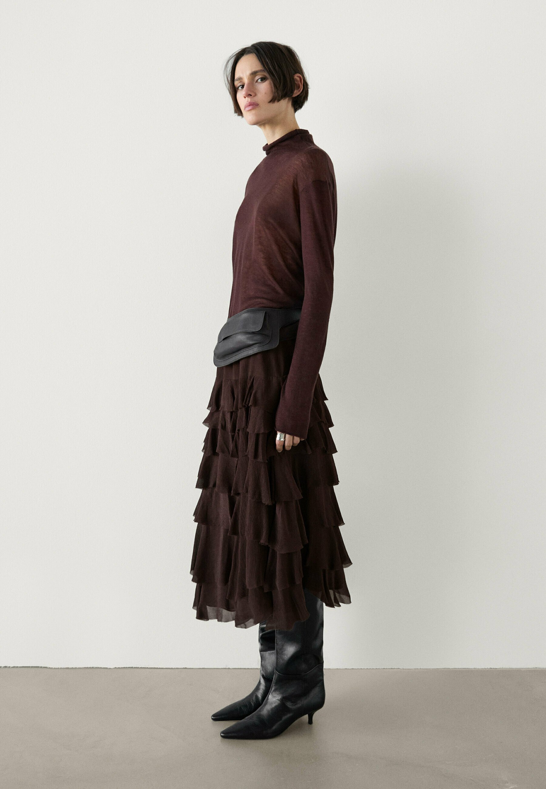 Massimo Dutti RUFFLED - A-line skirt - dark brown - Zalando