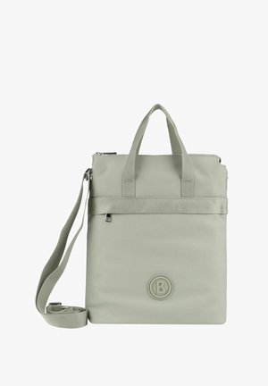 Borsa tote grigia e strutturata, realizzata in materiale liscio. Presenta due manici superiori, una tracolla staccabile e un logo in rilievo anteriore.